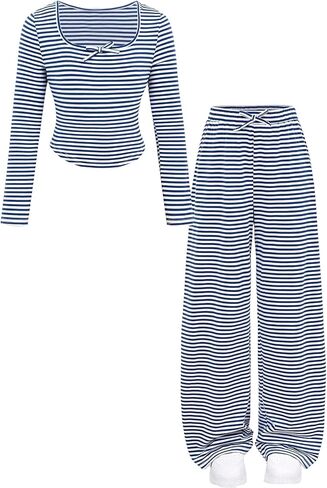 Girl's 2 Piece Outfits Bow Striped T Shirts and Wide Leg Pants Matching Sets Cute Fall Clothes in Saudi Arabia