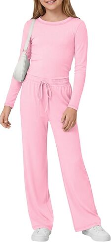 Girls 2 Piece Casual Sets Long Sleeve Crew Neck Top Straight Pants Outfits Drawstring Kids Stylish Clothing in Saudi Arabia