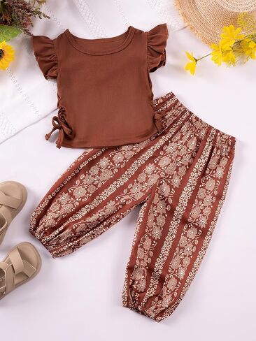 Girls Summer Outfit Set, Solid Color Ribbed Flutter Sleeve Top with Floral Print Wide Leg Pants, 2 Piece in Saudi Arabia