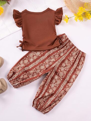Girls Summer Outfit Set, Solid Color Ribbed Flutter Sleeve Top with Floral Print Wide Leg Pants, 2 Piece in Saudi Arabia