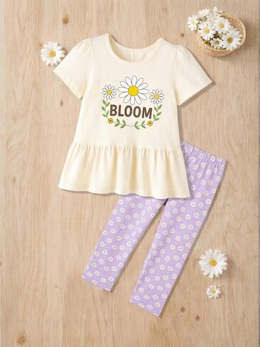 Girls 2 Piece Outfit, Cotton Daisy Print Ruffle Tunic Top & Leggings Set, Casual Summer Clothes for Little Girls 2-7 Years in Saudi Arabia