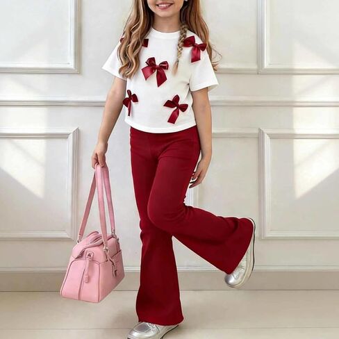 Girls Two Piece Outfit Set White Short Sleeve T Shirt with Red Bow and Flare Pants Girls Casual Top Outfit Set in Saudi Arabia