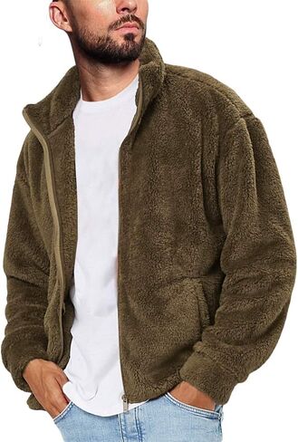 Runcati Mens Fuzzy Sherpa Jacket Cardigan Fleece Long Sleeve Full Zip Open Front Thermal Coat Fall Winter Outwear in Saudi Arabia