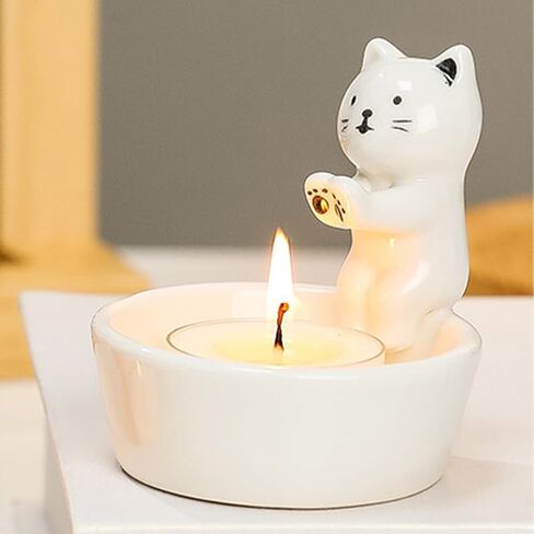 Kitten Candle Holder, Cute Cartoon Cat Candlestick Handmade Scented Candle Sticks Holder Decor Cat Lover Gifts Ca-t Home Decor Candlestick (Not Included Candles)(Color:White) in Saudi Arabia