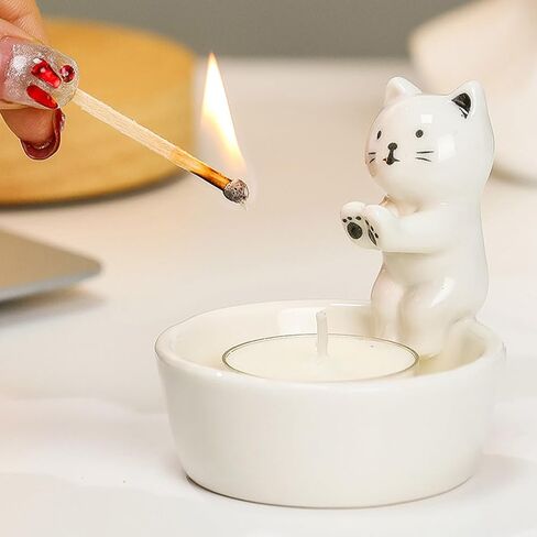 Kitten Candle Holder, Cute Cartoon Cat Candlestick Handmade Scented Candle Sticks Holder Decor Cat Lover Gifts Ca-t Home Decor Candlestick (Not Included Candles)(Color:White) in Saudi Arabia