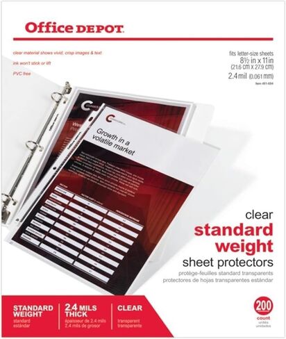واقيات الأوزان القياسية من Office Depot، مقاس 8 1/2 بوصة. × 11 بوصة، شفاف، عبوة من 200 قطعة، OD491694 in Kuwait