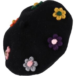 Wool Beret Hat with Flower Design, Black Autumn Winter Painter Cap, Warm Fashion Beanie, Soft Woollen Berets Accessories in Kuwait