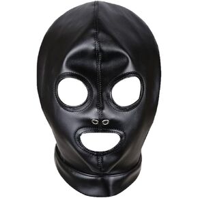 قناع وجه كامل من الجلد الأسود للحفلات الراقصة القوطية غطاء رأس بثلاثة ثقوب قابل للتعديل غطاء رأس مجوف للحفلات والنوادي إكسسوار زي in Kuwait