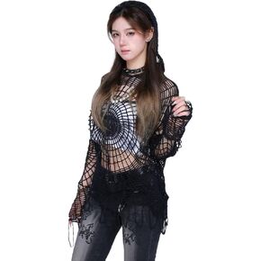 ملابس نسائية كروشيه من Goth Grunge Y2k ملابس خروج نسائية منسوجة على شبكة العنكبوت مع قلنسوة بلوفر شبكي مجوف ملابس نسائية سترات in Kuwait