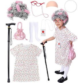 9 PCS Old Lady Costume for Kids,100 Days of School Costume Girls,Granny Grandma Costume Kids Old Lady Wig Accessories in Saudi Arabia