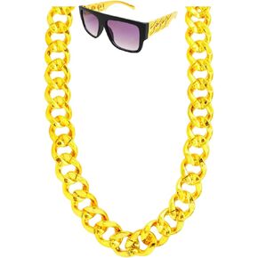 80s 90s Glasses Necklace Hip Hop Rapper Costume Kit Fake Gold Chain Sunglasses Plastic Big Gold Chain Costume Jewelry Accessories for Men Women Halloween Party in Kuwait