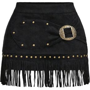 WDIRARA Women's Studded Fringe Suede Mini Shots Metal Buckle Cowgirl Concert Rave Shorts in Saudi Arabia