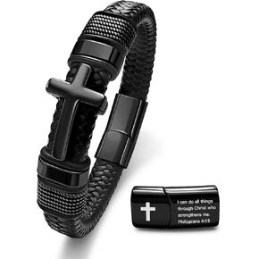سوار أسود متقاطع للرجال، سوار من الجلد المضفر من الفولاذ المقاوم للصدأ مع آية الكتاب المقدس مع جوشوا 1: 9 هدية إيمانية ملهمة للأب والأخ والابن والأسرة والمعمودية الدينية وهدايا التأكيد in Kuwait