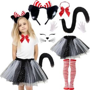 Girls Cute Cat Costume for Kids, 100th Day of School Red and White Cats Cosplay Outfit with Tutu Fluffy Cat Tails Bow Tie Set for Read Book Day Halloween Party Dress up in Saudi Arabia