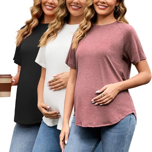 Bhome قمصان الأمومة 3 حزم قصيرة الأكمام المتضخم قمم الحمل للنساء لطيف عارضة الأمومة التي شيرت المحملة in Kuwait