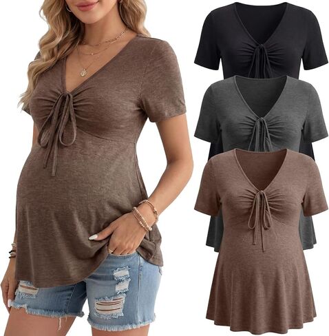 3 Pack Women Maternity Shirts Short Sleeve V Neck Ruffle Pregnancy Tops Casual Drawstring Babydoll Tie Front Tunic in Saudi Arabia