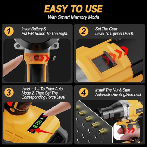 Cordless Rivet Nut Gun for De-walt 20V Battery, Electric Rivet Nut Tool Brushless Motor with 3 Sizes Rivet Nuts(1/4", 5/16", 3/8"), 2 Variable Speed, Auto & Manual Mode, Rivet Gun for DIY, Car Repair in Saudi Arabia