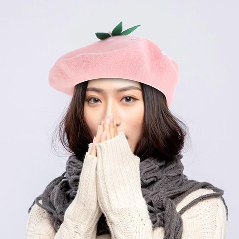 Strawberry Wool Beret Hat Pink Woolen Cap Women’s Artist Newsboy Hat for Party Cosplay Adult 56-58cm Cozy Kawaii Crochet Headwear in Saudi Arabia