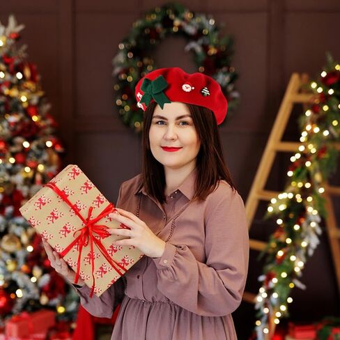 Christmas Red Wool Beret Cap for Women with Bowknot, Warm Knit Mushroom Beret Hat, Fashionable Holiday Painter Style and Adults in Saudi Arabia