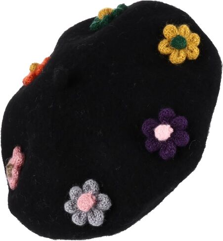 Wool Beret Hat with Flower Design, Black Autumn Winter Painter Cap, Warm Fashion Beanie, Soft Woollen Berets Accessories in Kuwait