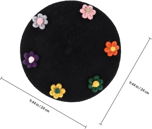 Wool Beret Hat with Flower Design, Black Autumn Winter Painter Cap, Warm Fashion Beanie, Soft Woollen Berets Accessories in Kuwait