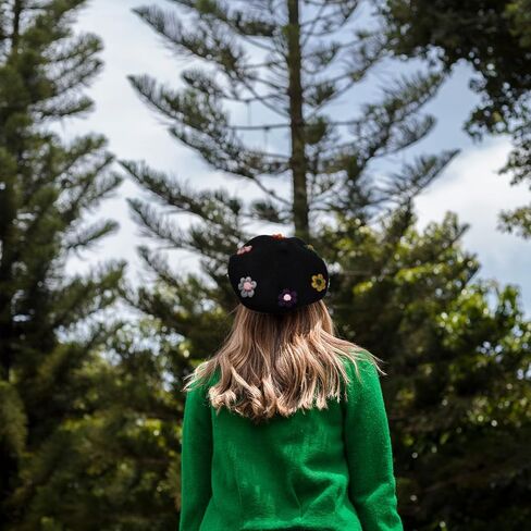 Wool Beret Hat with Flower Design, Black Autumn Winter Painter Cap, Warm Fashion Beanie, Soft Woollen Berets Accessories in Kuwait