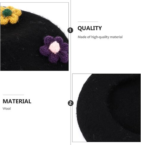 Wool Beret Hat with Flower Design, Black Autumn Winter Painter Cap, Warm Fashion Beanie, Soft Woollen Berets Accessories in Kuwait
