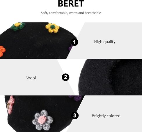 Wool Beret Hat with Flower Design, Black Autumn Winter Painter Cap, Warm Fashion Beanie, Soft Woollen Berets Accessories in Kuwait