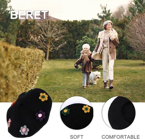 Wool Beret Hat with Flower Design, Black Autumn Winter Painter Cap, Warm Fashion Beanie, Soft Woollen Berets Accessories in Kuwait