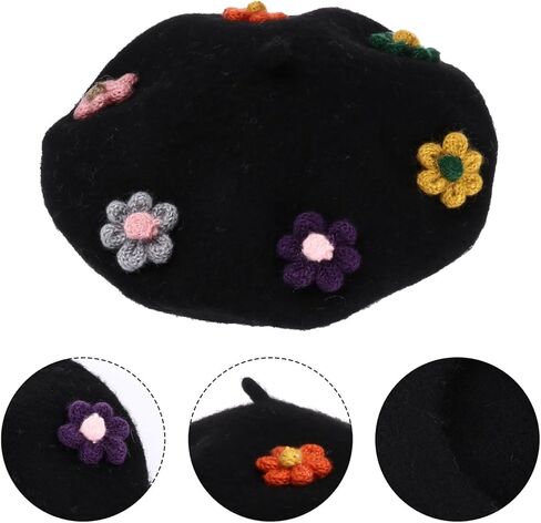 Wool Beret Hat with Flower Design, Black Autumn Winter Painter Cap, Warm Fashion Beanie, Soft Woollen Berets Accessories in Kuwait