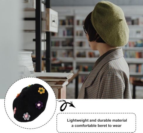 Wool Beret Hat with Flower Design, Black Autumn Winter Painter Cap, Warm Fashion Beanie, Soft Woollen Berets Accessories in Kuwait