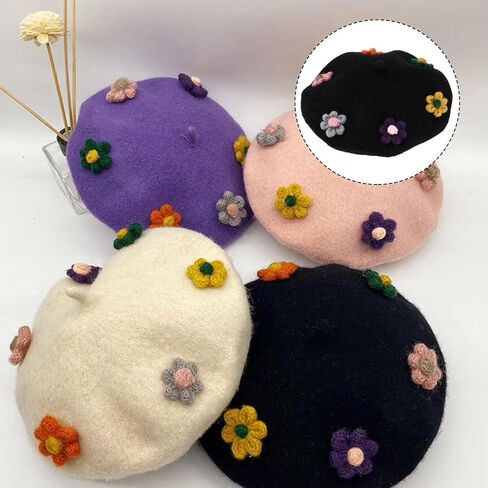 Wool Beret Hat with Flower Design, Black Autumn Winter Painter Cap, Warm Fashion Beanie, Soft Woollen Berets Accessories in Kuwait