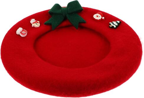 LIFKOME Christmas Red Wool Beret Hat with Bowknot for Women, Plush Winter Warm Artist Cap, Fashionable Holiday Accessory in Saudi Arabia
