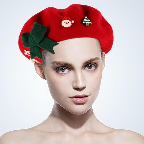 LIFKOME Christmas Red Wool Beret Hat with Bowknot for Women, Plush Winter Warm Artist Cap, Fashionable Holiday Accessory in Saudi Arabia