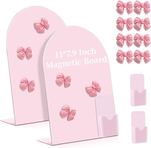 2 Pcs Pink Magnetic Bulletin Board for Tabletops 11x8 Inch Memo Board with 2 Magnetic Pen Holder 8 Bow Magnets Metal Memo Display Board for Office School Kitchen Table in Saudi Arabia
