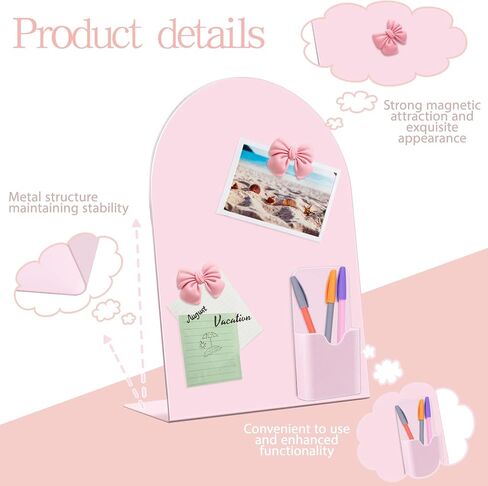 2 Pcs Pink Magnetic Bulletin Board for Tabletops 11x8 Inch Memo Board with 2 Magnetic Pen Holder 8 Bow Magnets Metal Memo Display Board for Office School Kitchen Table in Saudi Arabia