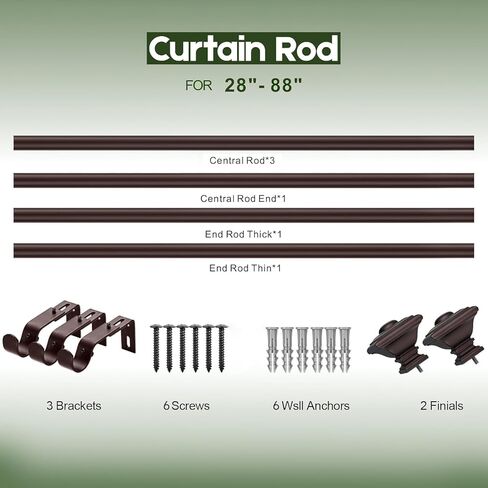 قضبان ستائر برونزية من BRIOFOX للنوافذ من 48 إلى 84 بوصة، شديدة التحمل قابلة للتعديل بطول 1 بوصة، قضبان ستائر نافذة بقطر 1 بوصة للأماكن الداخلية والخارجية مع نهايات مربعة كلاسيكية in Kuwait