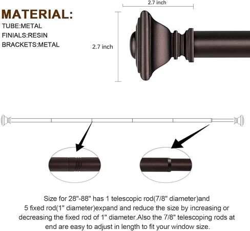 قضبان ستائر برونزية من BRIOFOX للنوافذ من 48 إلى 84 بوصة، شديدة التحمل قابلة للتعديل بطول 1 بوصة، قضبان ستائر نافذة بقطر 1 بوصة للأماكن الداخلية والخارجية مع نهايات مربعة كلاسيكية in Kuwait