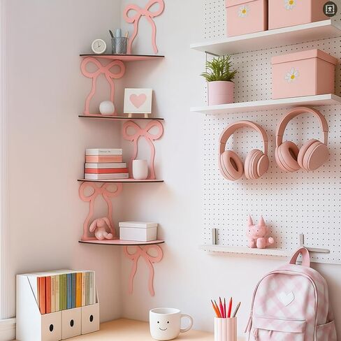 Kathfly 4 Tie Pink Bow Corner Shelf Wall Mounted Pink Floating Wood Corner Storage Shelves for Women Girls Decorative Cute Coquettish Wall Decor for Bedroom Living Room Bathroom Kitchen Office in Saudi Arabia