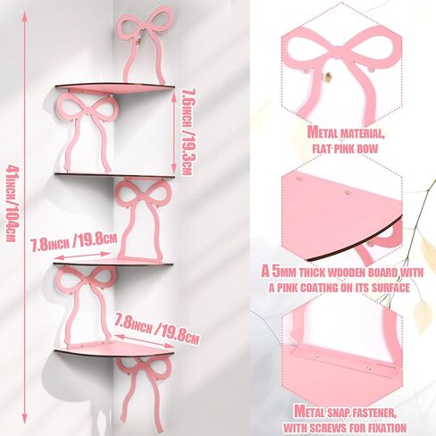 Kathfly 4 Tie Pink Bow Corner Shelf Wall Mounted Pink Floating Wood Corner Storage Shelves for Women Girls Decorative Cute Coquettish Wall Decor for Bedroom Living Room Bathroom Kitchen Office in Saudi Arabia