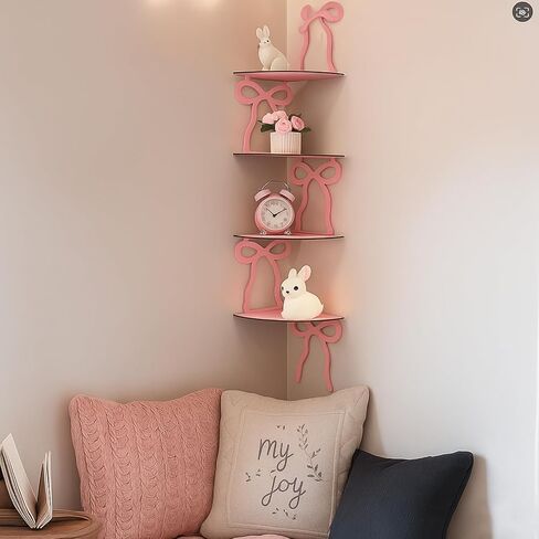 Kathfly 4 Tie Pink Bow Corner Shelf Wall Mounted Pink Floating Wood Corner Storage Shelves for Women Girls Decorative Cute Coquettish Wall Decor for Bedroom Living Room Bathroom Kitchen Office in Saudi Arabia