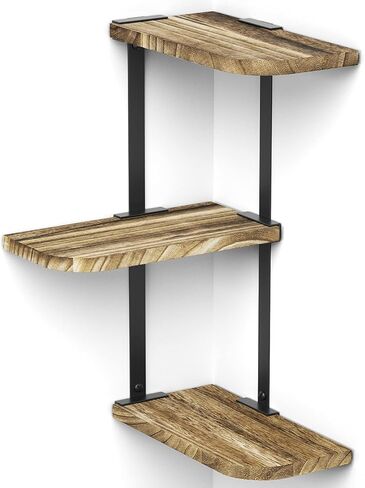 Love-KANKEI Corner Shelf Wall Mount of 3 Tier Rustic Wood Floating Shelves for Bedroom Living Room Bathroom Kitchen Office and More Carbonized Black in Saudi Arabia