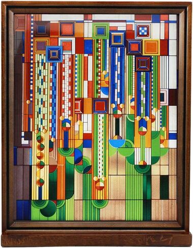 Ebros Frank Lloyd Wright Saguaro Forms And Cactus Flowers Stained Glass Art 3D Desktop Plaque With Wooden Base Or Wall Decor Hanger 15"H X 12"W Modern Architecture Home Library And Office Accent in Saudi Arabia