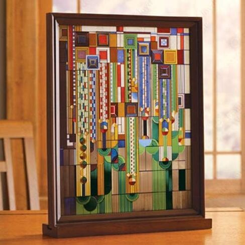 Ebros Frank Lloyd Wright Saguaro Forms And Cactus Flowers Stained Glass Art 3D Desktop Plaque With Wooden Base Or Wall Decor Hanger 15"H X 12"W Modern Architecture Home Library And Office Accent in Saudi Arabia