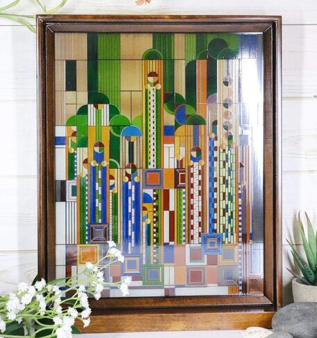 Ebros Frank Lloyd Wright Saguaro Forms And Cactus Flowers Stained Glass Art 3D Desktop Plaque With Wooden Base Or Wall Decor Hanger 15"H X 12"W Modern Architecture Home Library And Office Accent in Saudi Arabia