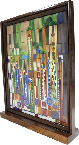 Ebros Frank Lloyd Wright Saguaro Forms And Cactus Flowers Stained Glass Art 3D Desktop Plaque With Wooden Base Or Wall Decor Hanger 15"H X 12"W Modern Architecture Home Library And Office Accent in Saudi Arabia