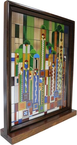 Ebros Frank Lloyd Wright Saguaro Forms And Cactus Flowers Stained Glass Art 3D Desktop Plaque With Wooden Base Or Wall Decor Hanger 15"H X 12"W Modern Architecture Home Library And Office Accent in Saudi Arabia