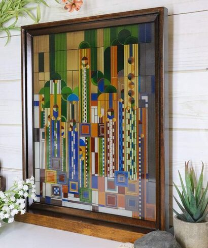 Ebros Frank Lloyd Wright Saguaro Forms And Cactus Flowers Stained Glass Art 3D Desktop Plaque With Wooden Base Or Wall Decor Hanger 15"H X 12"W Modern Architecture Home Library And Office Accent in Saudi Arabia