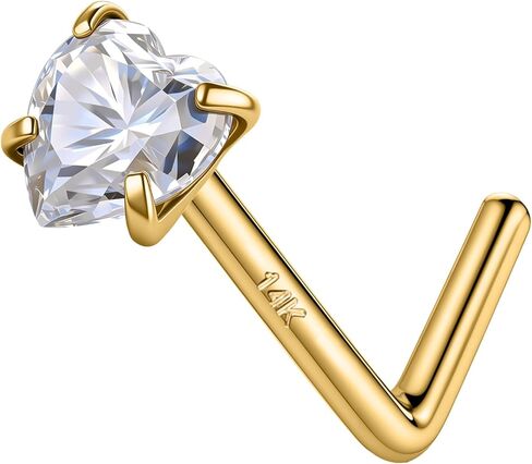 خاتم أنف من الذهب عيار 14 قيراط من سيلويا مع مويسانيتي على شكل قلب - مسمار أنف مضاد للحساسية/مسمار أنف على شكل حرف L، مجوهرات ثقب الأنف من الذهب الصلب عيار 20 جرام للرجال والنساء in Kuwait
