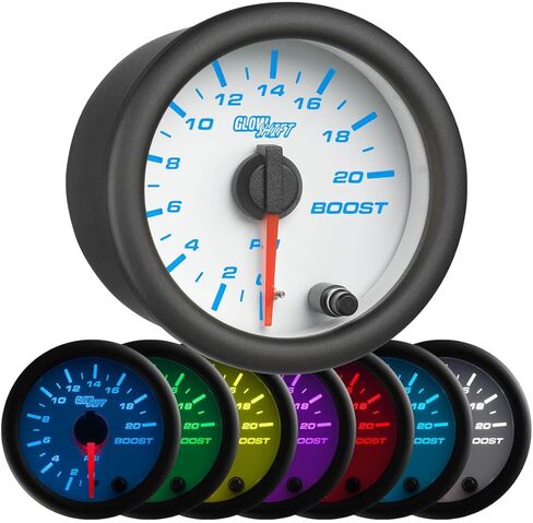 GlowShift White 7 Color 20 PSI Turbo Boost Gauge Kit - تتضمن خرطوم ميكانيكي وتركيبات - قرص أبيض - عدسة شفافة - للسيارة والشاحنات - 2-1/16 بوصة 52 مم in Kuwait